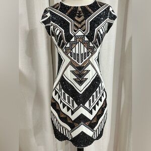 Express Cocktail Sequin Geometric Print Dress Women’s S Black/Ivory/Gold Party
